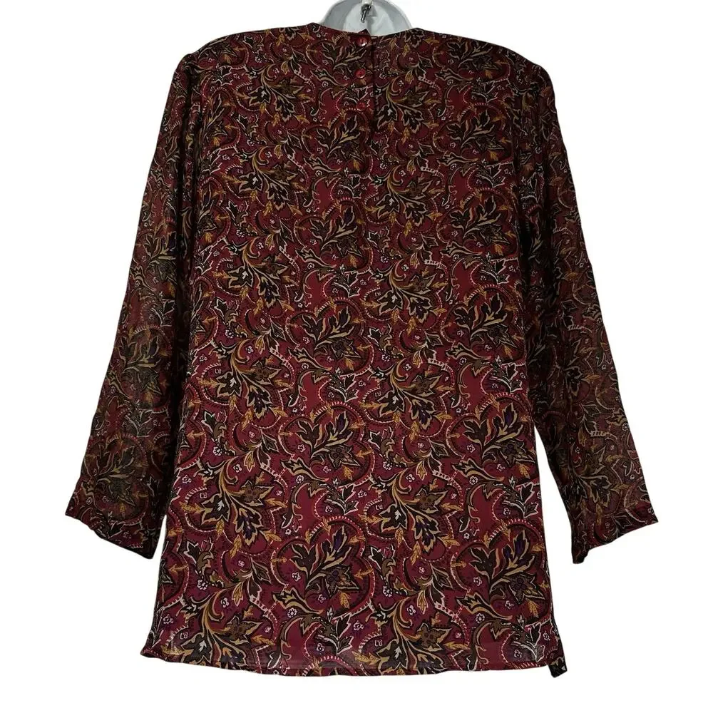 vintage silk boutique red gold floral side slit button up blouse Size S